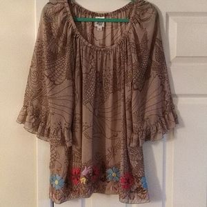 Ivy Jane Tunic peasant style tan/brown floral emb